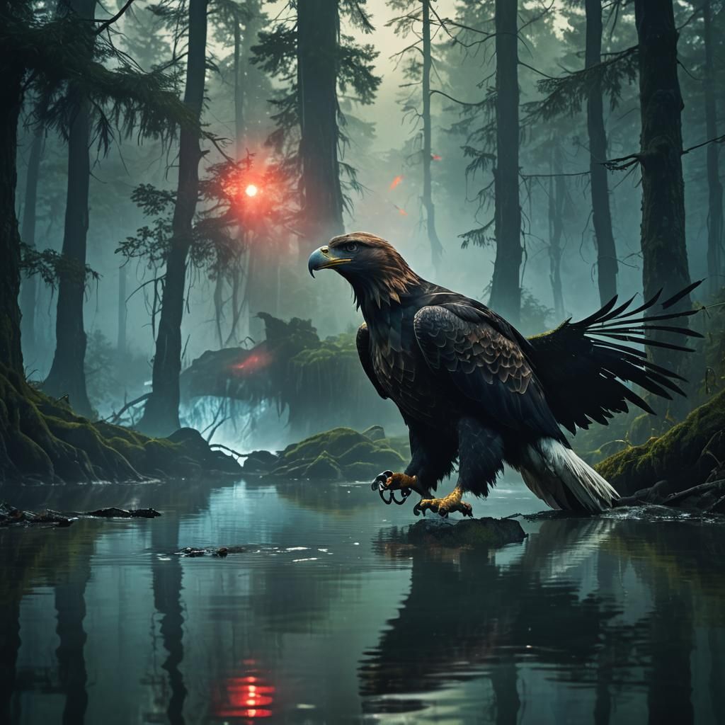 Eagle Silhouette with Forest in Dark Fantasy Style