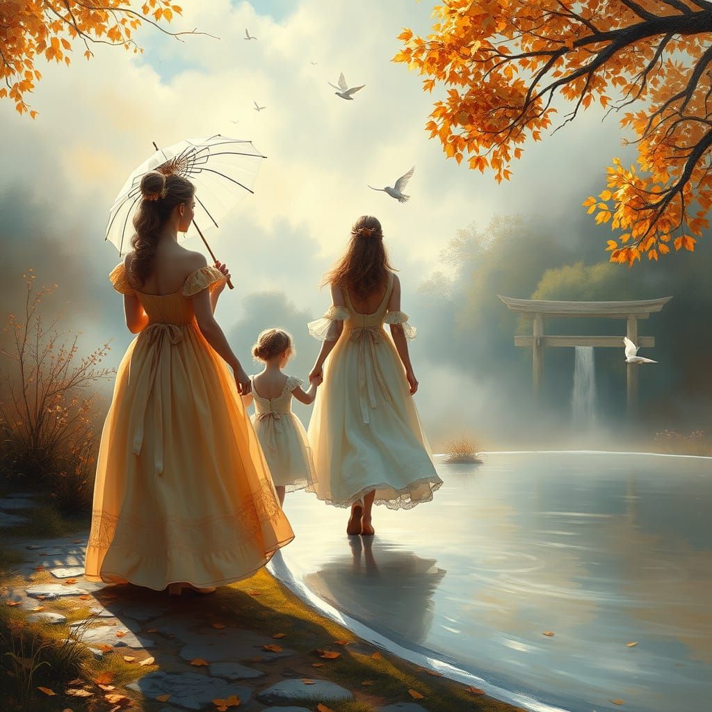 Ethereal Autumn Scene with Girls and Child in Monet Style