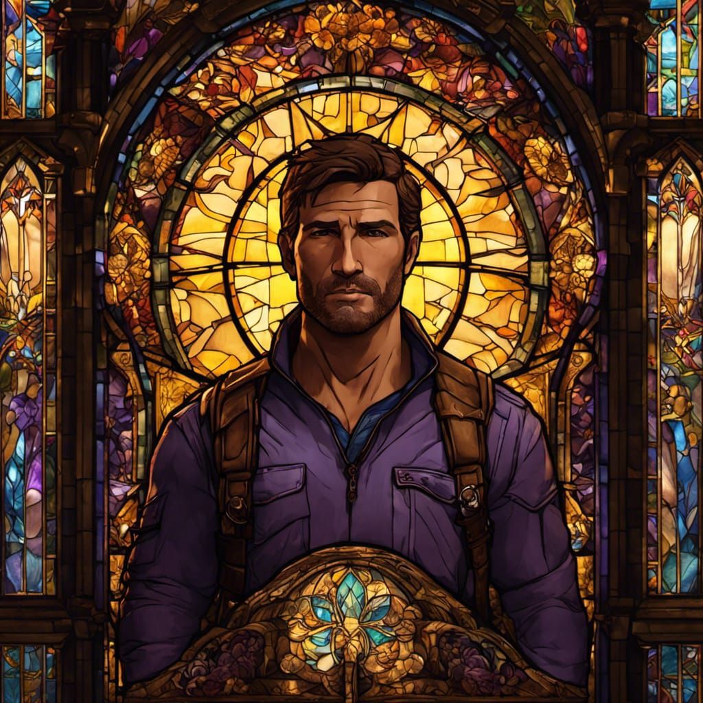 Stained Glass Nathan Drake in Art Nouveau Style