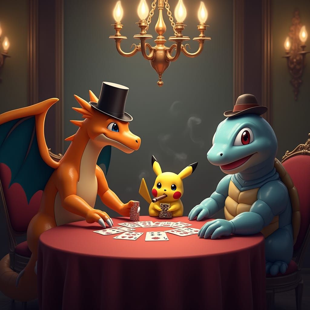 Mystical Pokémon Poker Scene in Stylized Realism