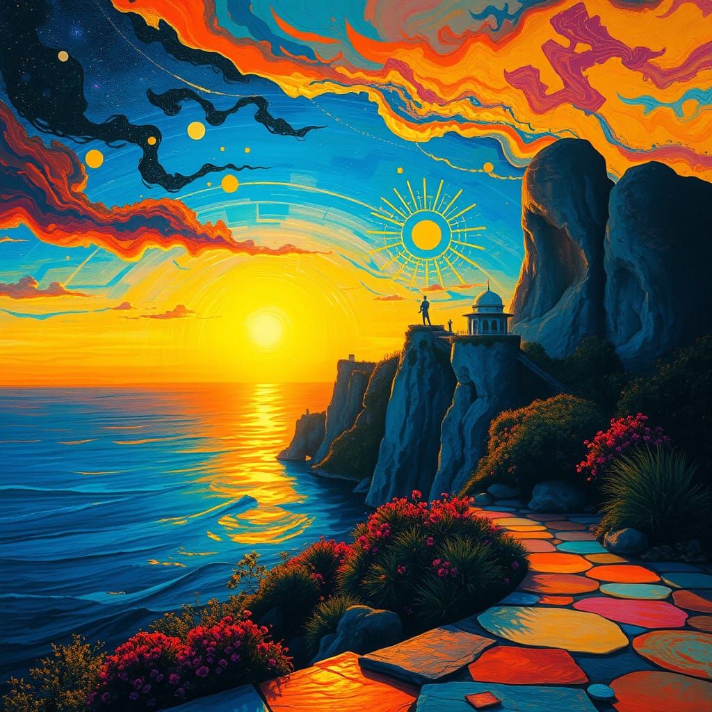 Surreal Sunset Paradise in Vibrant, Dynamic Colors