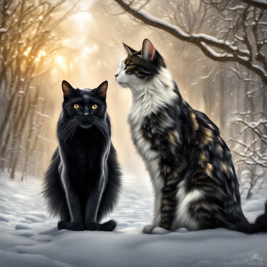 Armored Cats with Wings in Snowy Landscape