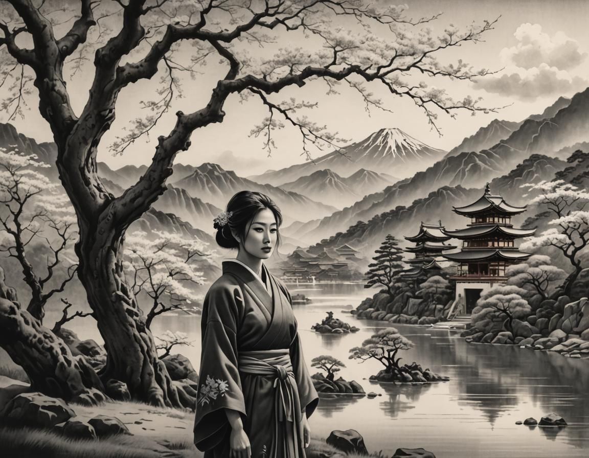 Charcoal Drawing of Woman Under Ume Tree