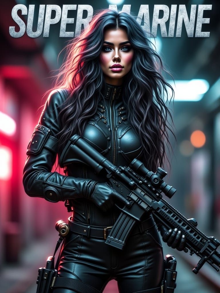 Futuristic Female Superhero in Black Tactical Suit with AR-1...