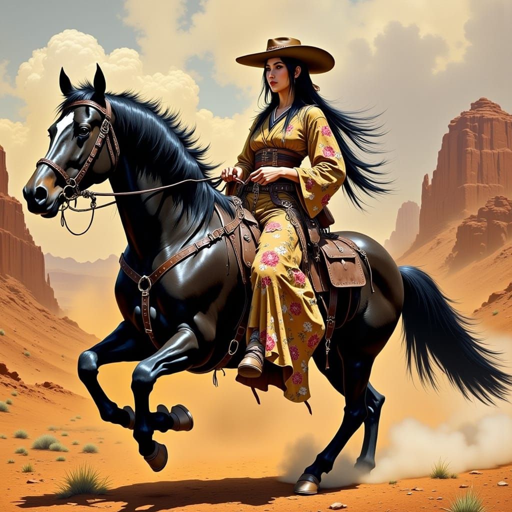 Old West Geisha Cowgirl Rides Through Desert Canyon
