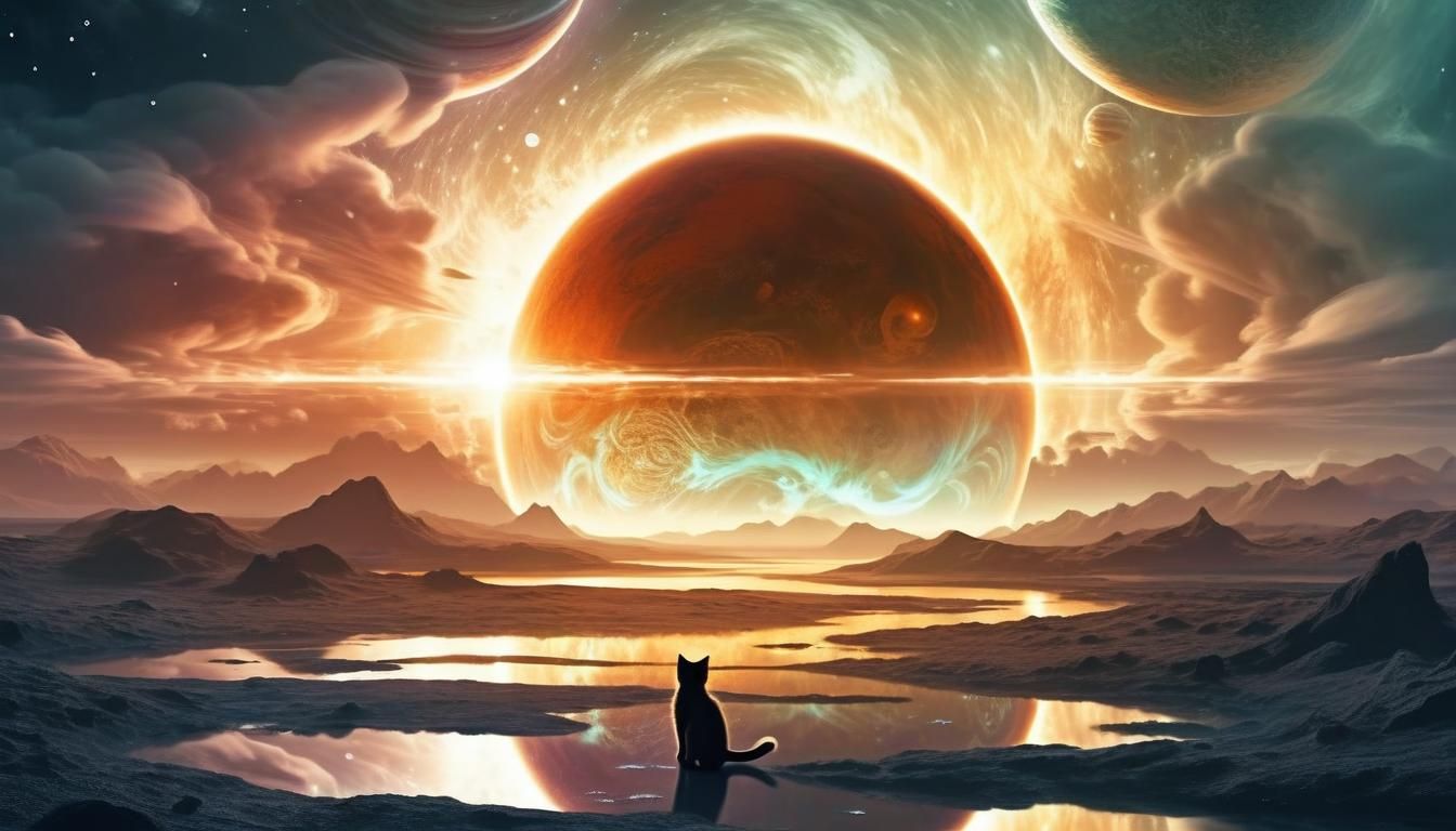 Magical Kitten Gazes at Giant Planet in Space