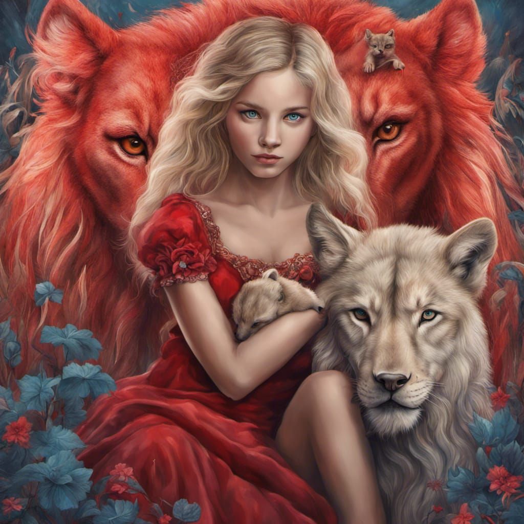 Wolf, Lion, and Girl Portrait in Fantasy Style