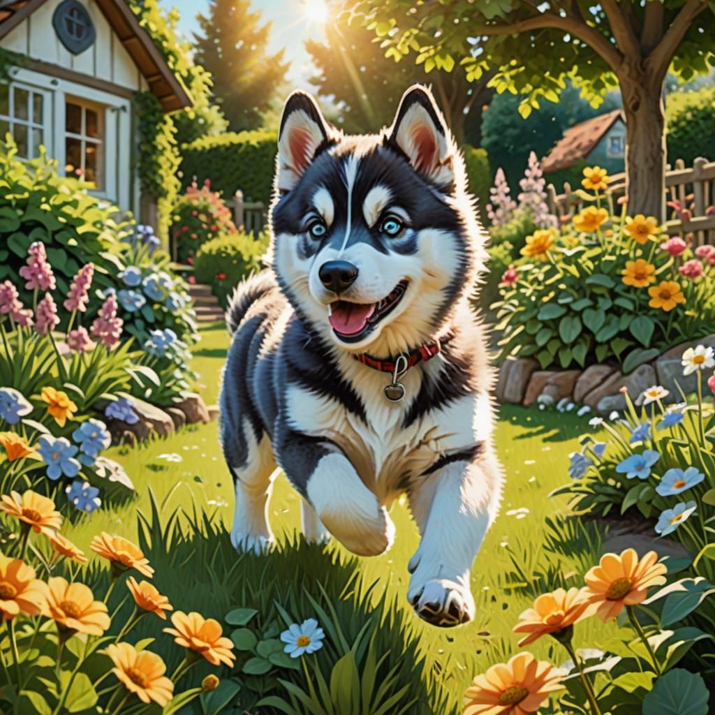 Whimsical Husky in a Sunny Garden