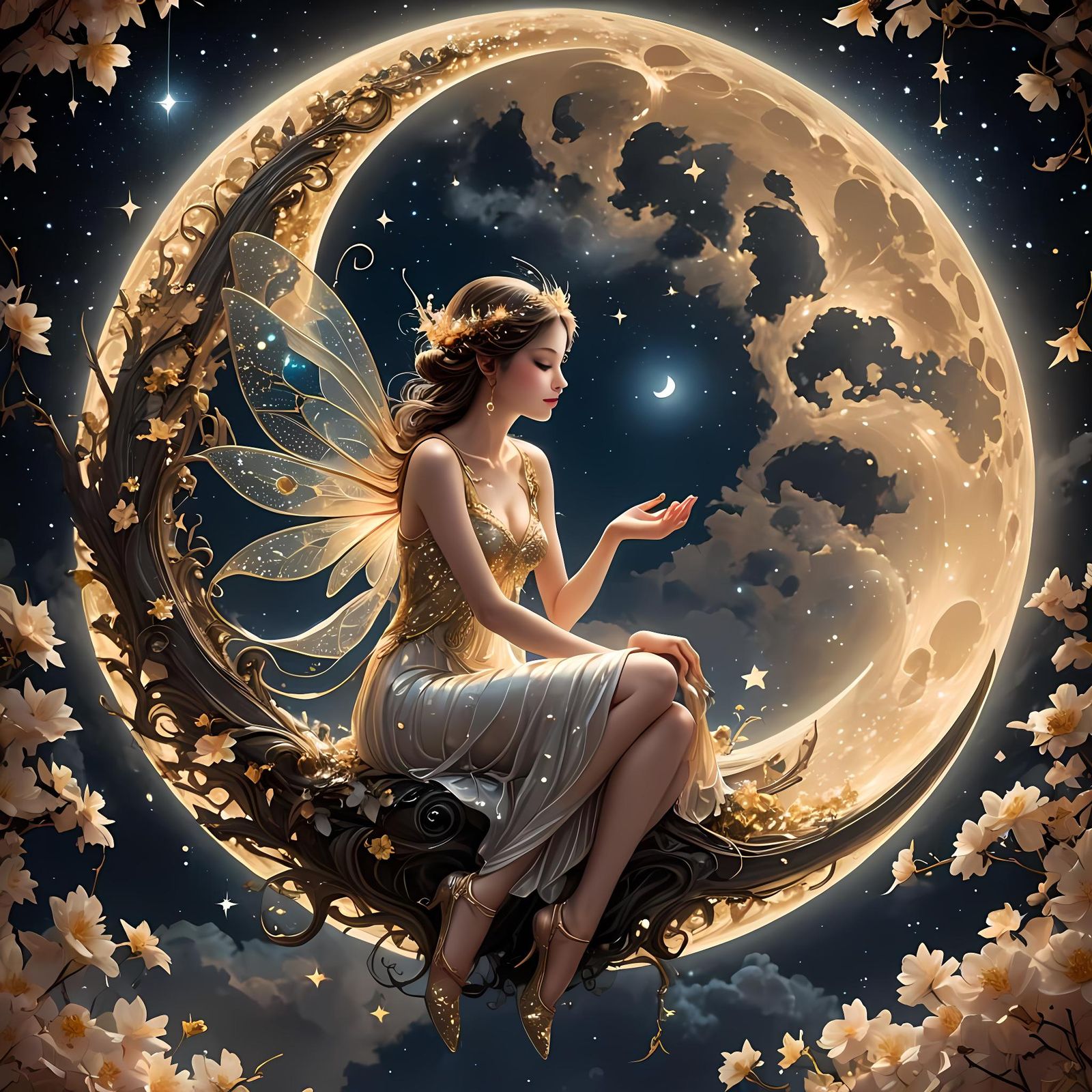 Night Fairy on the Moon in Radiant Light