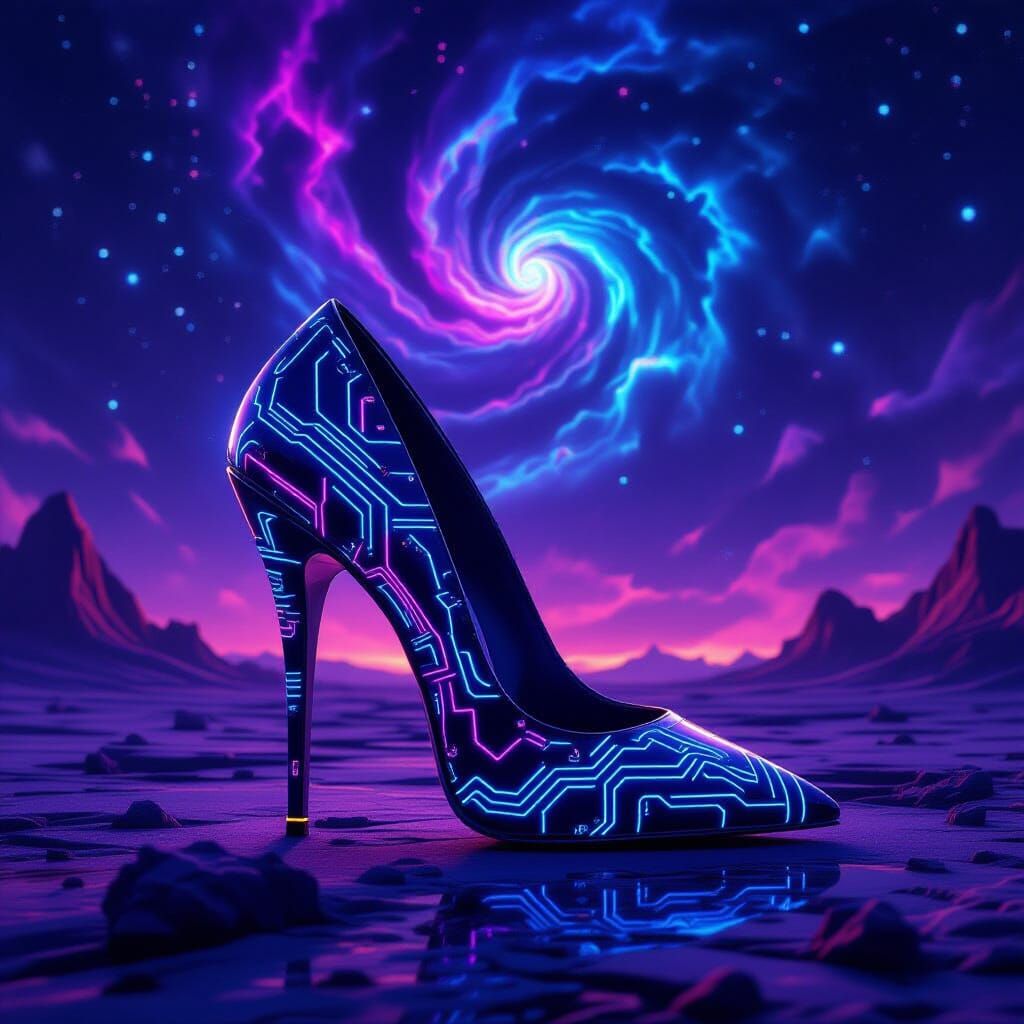 Obsidian High Heel with Neon Circuits on Alien World