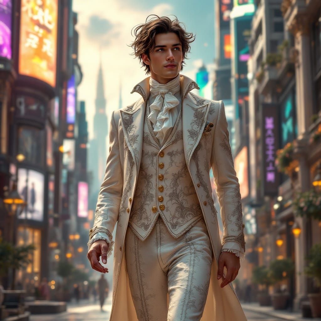 Dapper Gentleman in Neo-Rococo Attire Embarks on Futuristic....