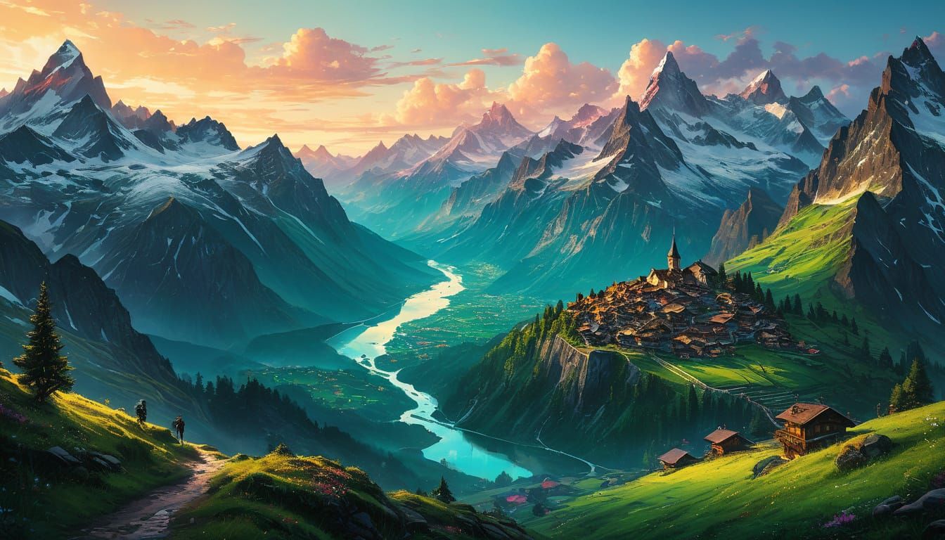 Gondola Descends Swiss Alps in Pixelated Watercolor