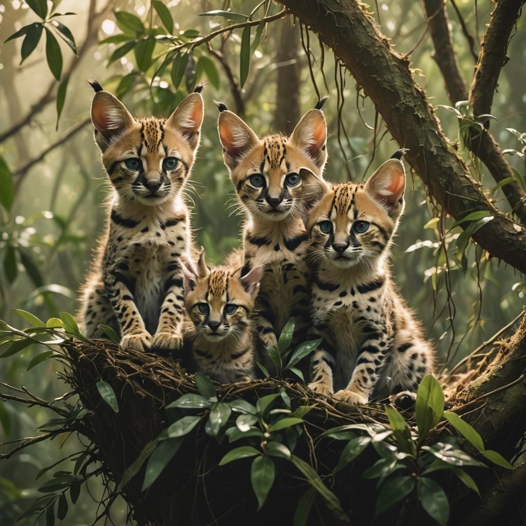Serval Kittens in Rainforest Tree Nest: Cinematic Still