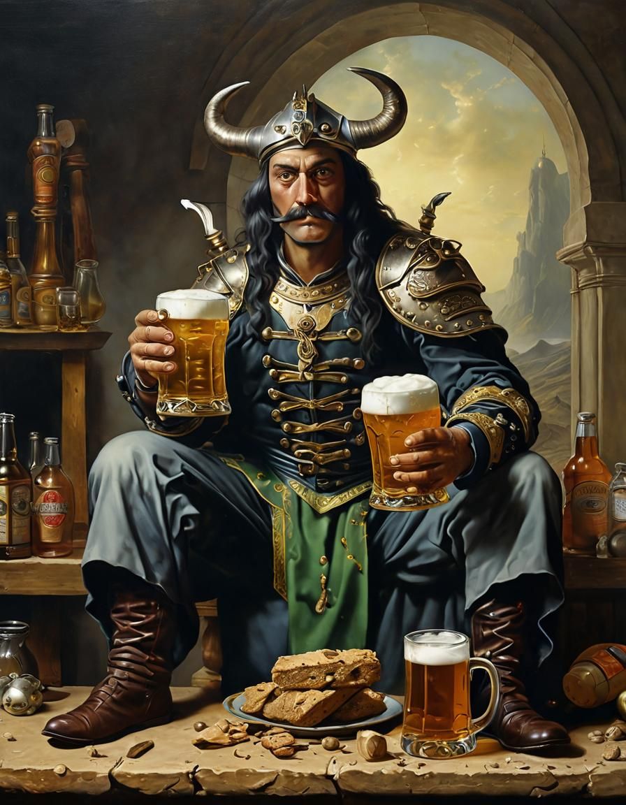 Surreal Beer Warrior with Mugs, Oil on Canvas