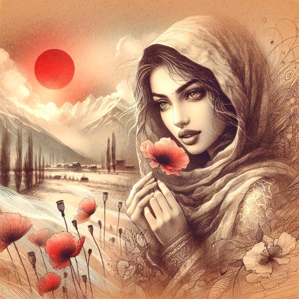 Ethereal Kashmir Valley in Sepia Sketch Style