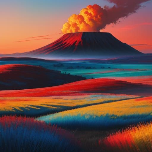 Vibrant Panoramic Landscape with Red Sky, Oil Painting