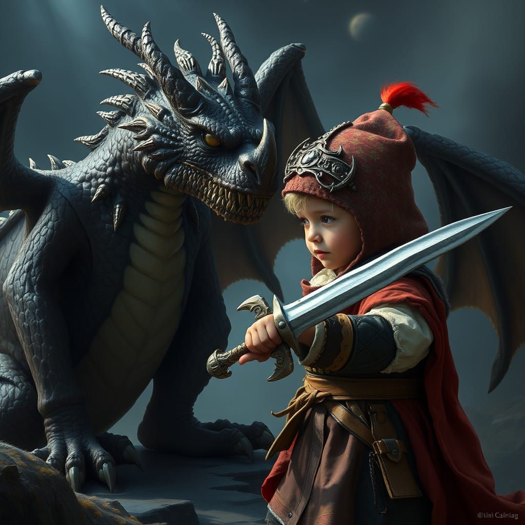 Child with Sword Interacts with Mischievous Dragon