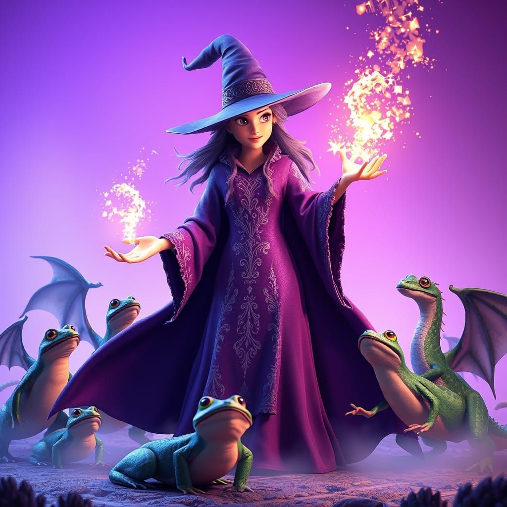 Mystical Purple Witch Surrounded by Dragons and Frogs in Vib...