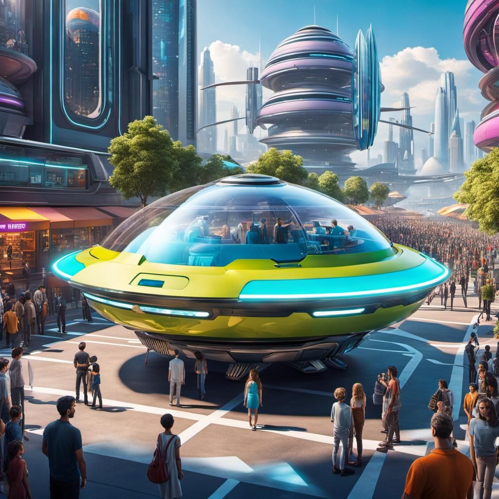 Futuristic Food Truck in Vibrant Cityscape