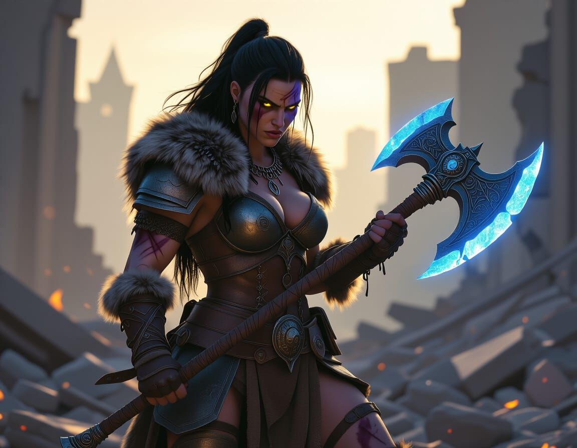 Barbarian Warrior in Ruined City, Digital Art