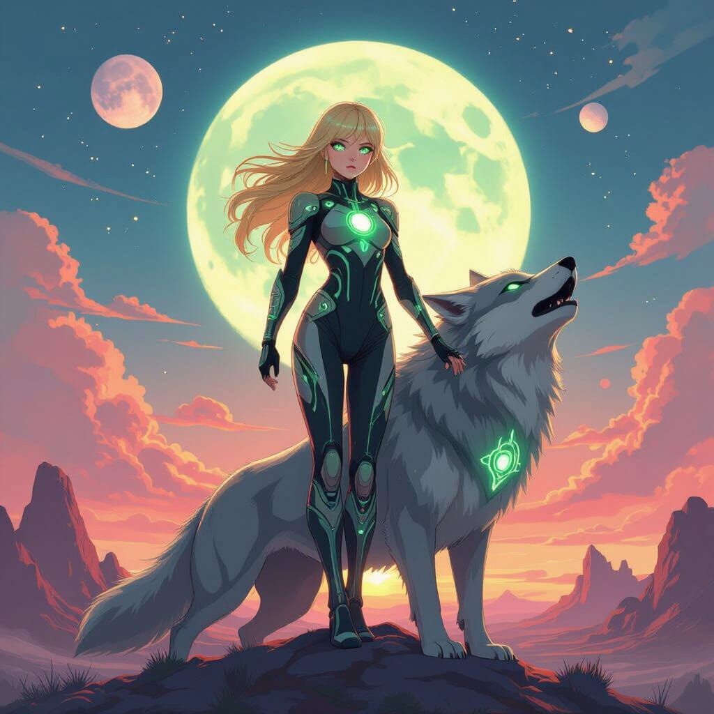 Anime Girl on Wolf: Binary Sunset Art Nouveau