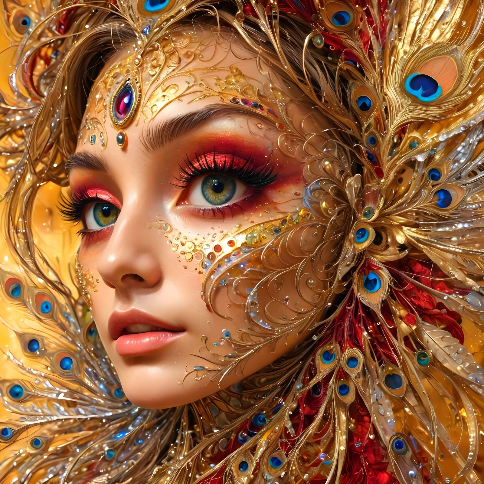 Glamorous Alien Goddess in Vibrant Golden Swirls with Hyperf...