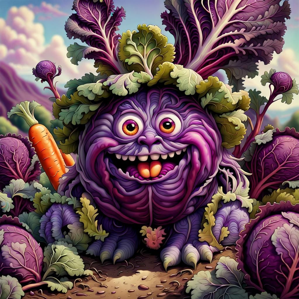 Cute Cabbage Monster in Carrot Patch: Airbrush Art
