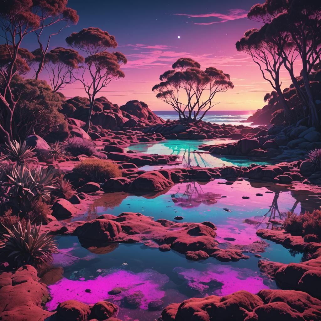 Synthwave Beach with Rock Pools and Trees