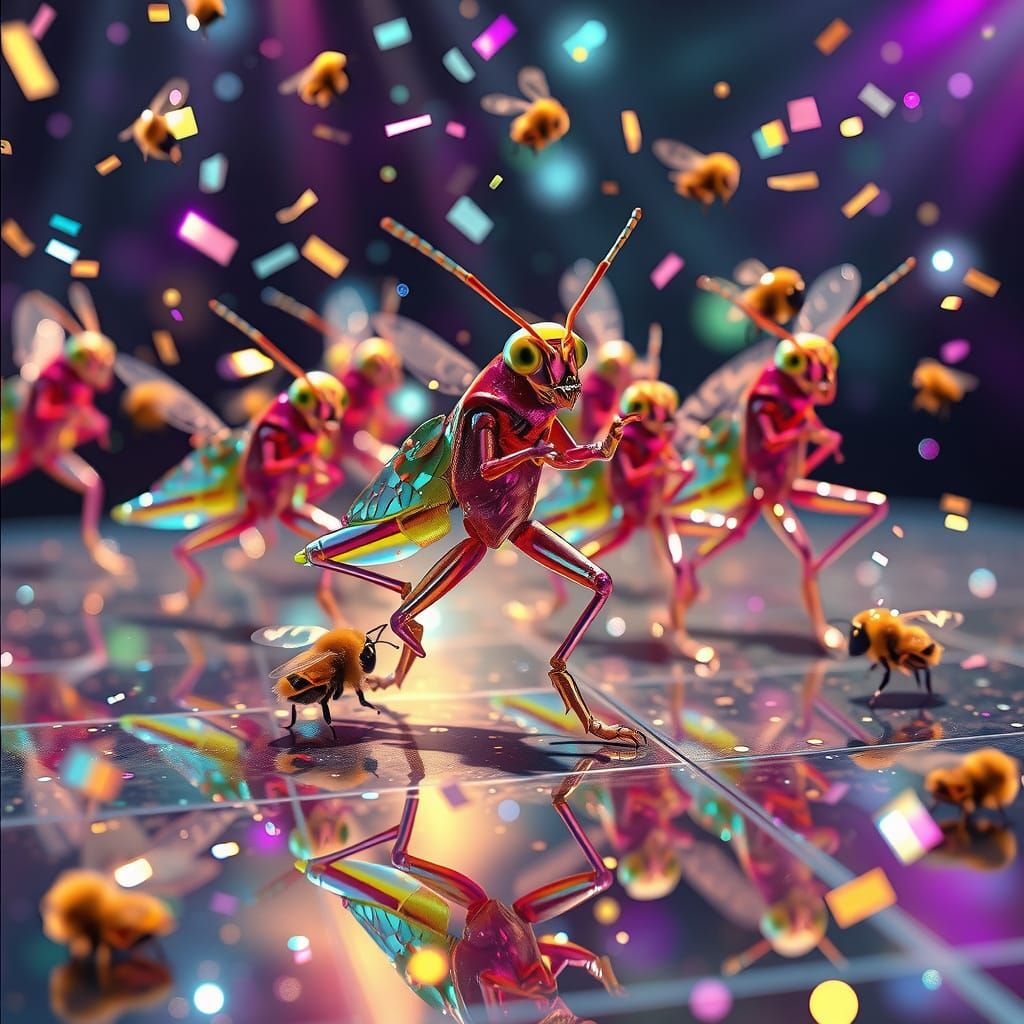 Glowing Grasshoppers Dance on Disco Floor with Sparkly Bees