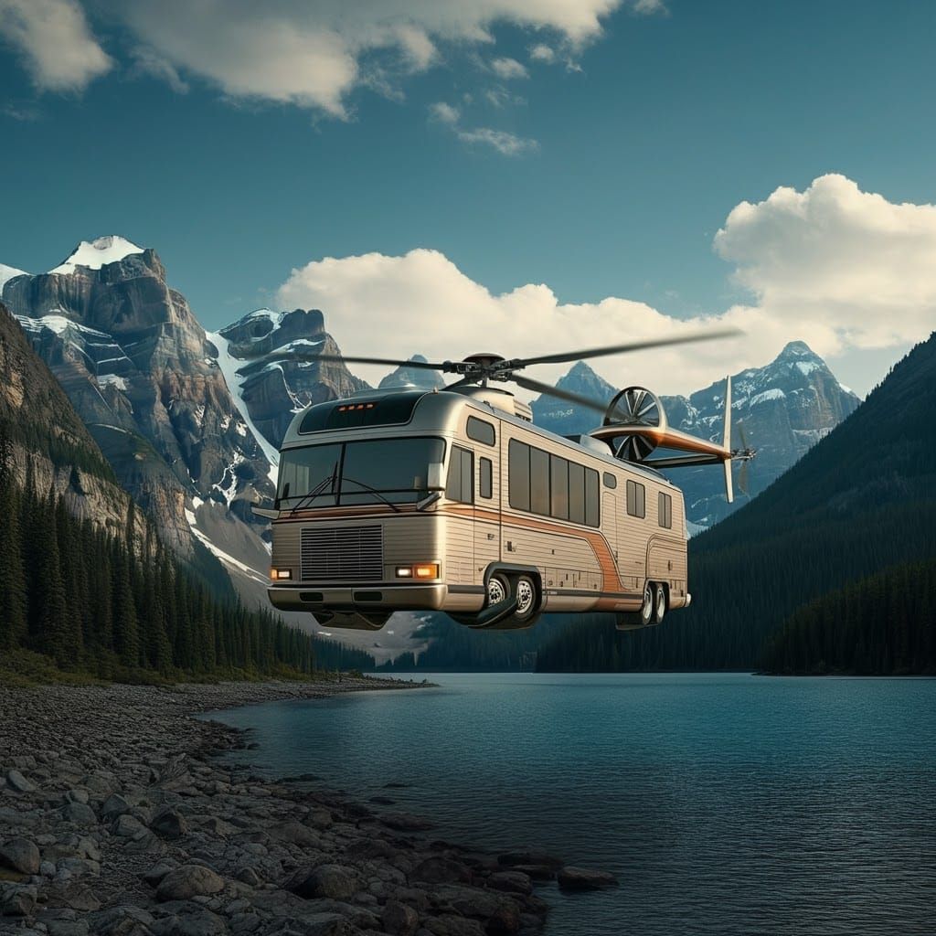 Futuristic Flying Motorhome Over Serene Lakeside Scenery