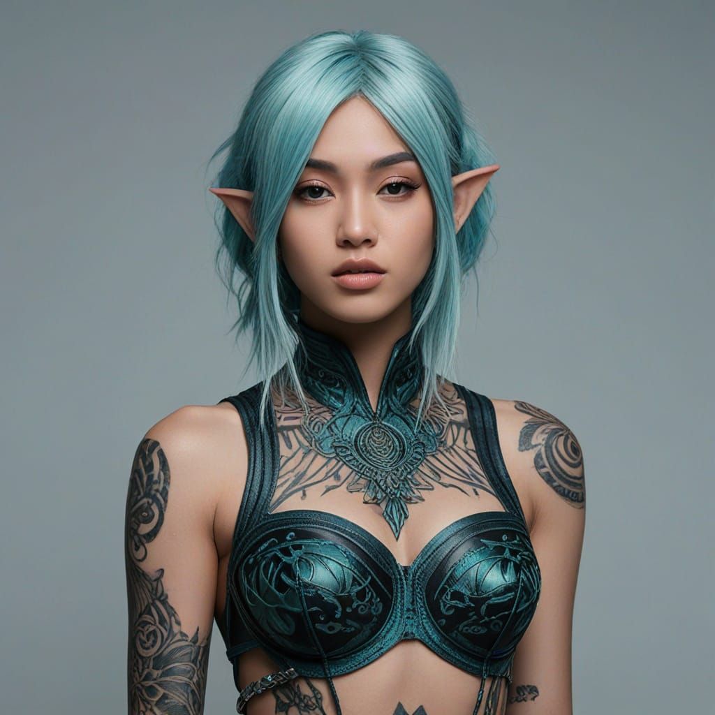 Rebellious Dark Fantasy Elf in Teal Hair and Biomechanical T...
