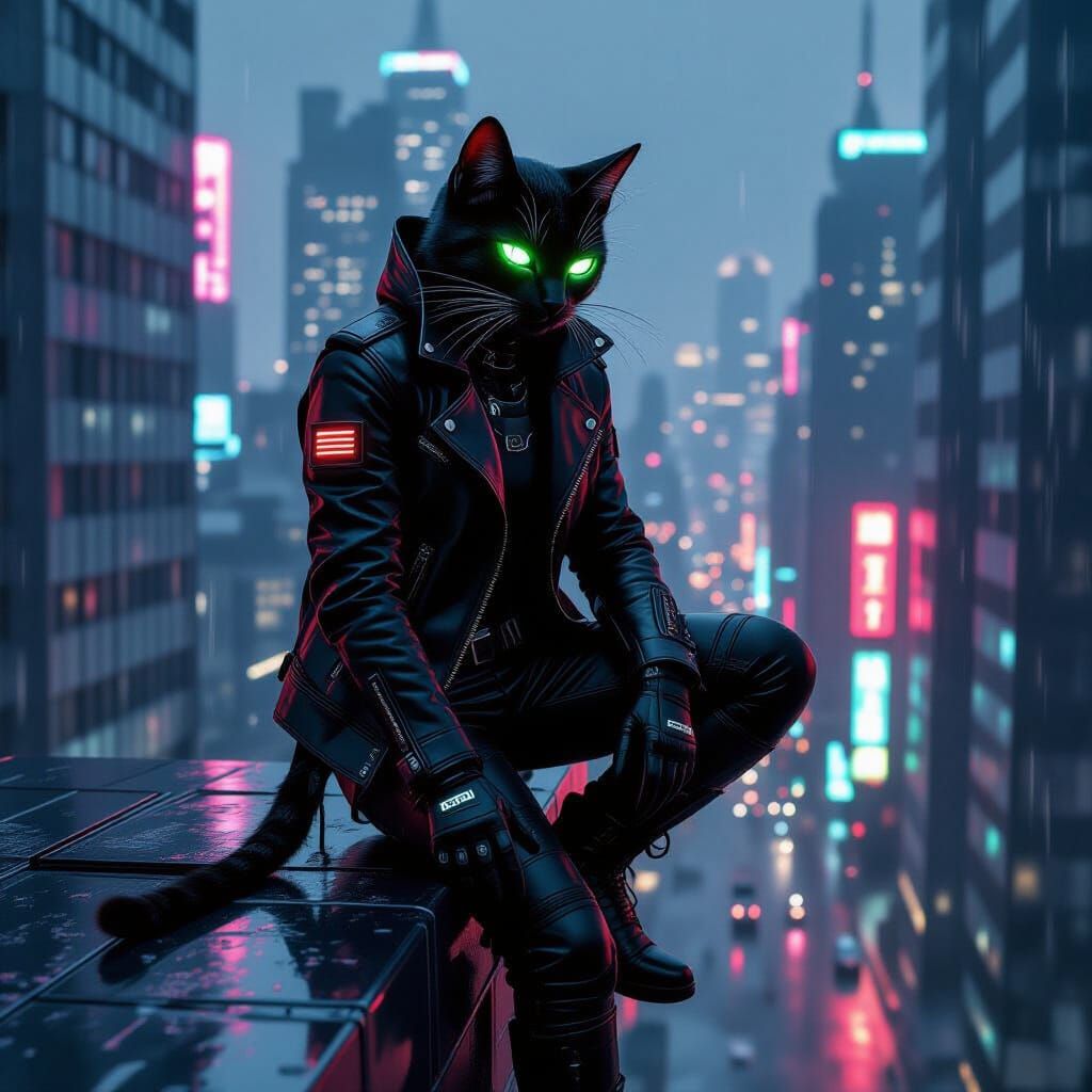 Cyberpunk Cat Burglar on Chrome Skyscraper