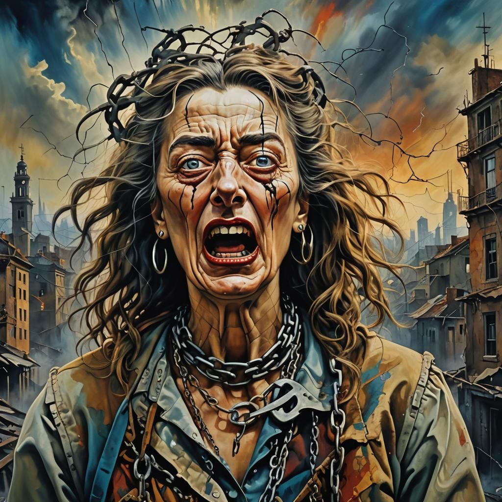 Distressed Woman in Chains: Surrealist Apocalyptic Portrait