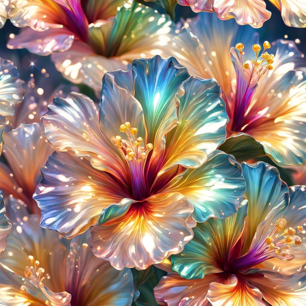 Crystal Hibiscus Flowers in Hyperrealistic Oil Painting