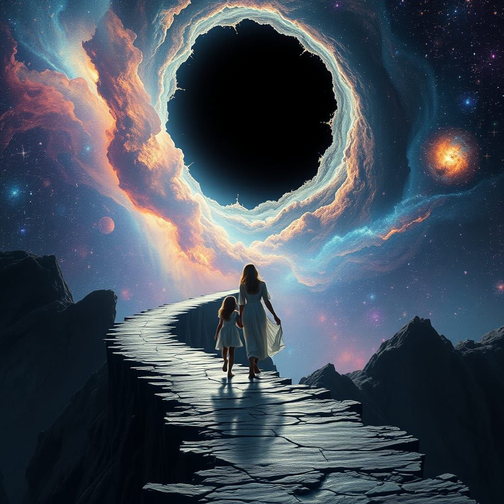 Celestial Walk: Woman and Child in Starry Cosmos