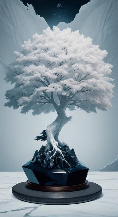 Ethereal White Tree on Obsidian Crystal
