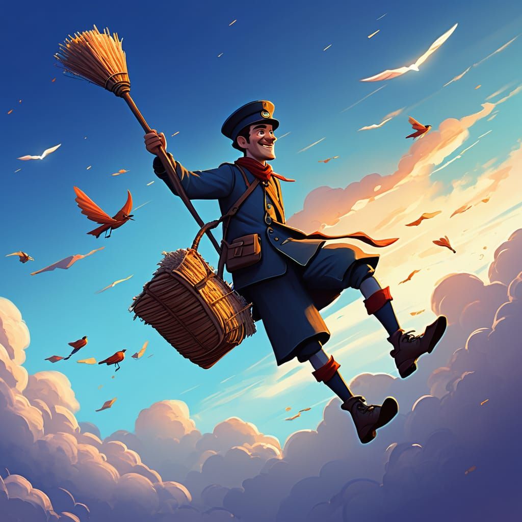 Whimsical Postman Flies Broomstick with Mail in Fantasy Art