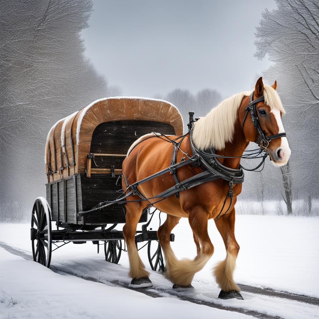 Belgian Draft Horse Pulling Wagon in Snow