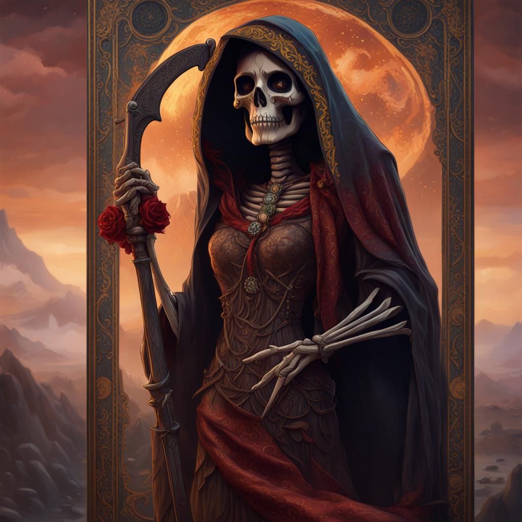 Santa Muerte Scythe Tarot Card: Detailed Matte Painting