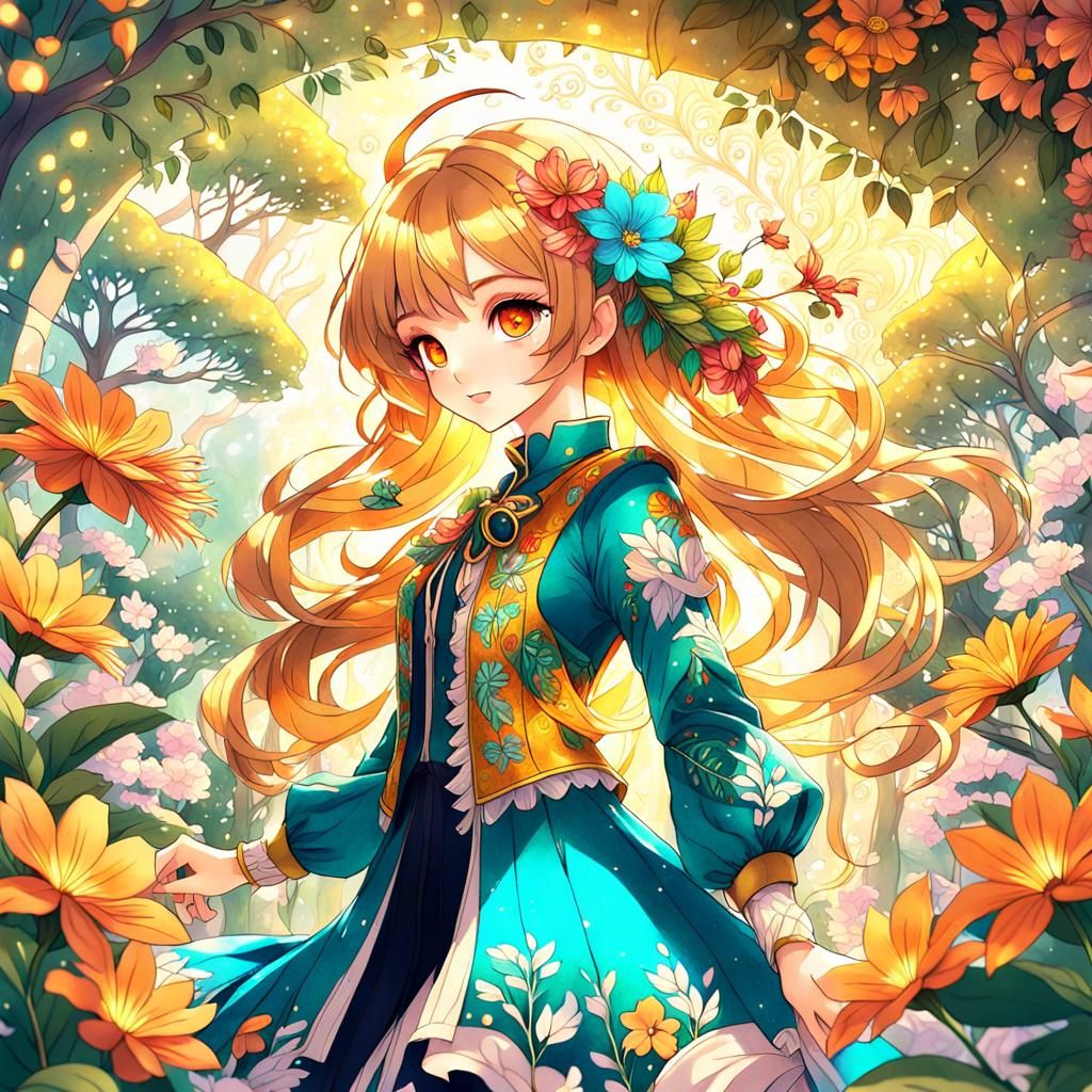 Anime Girl in Floral Garden: Art Nouveau Style