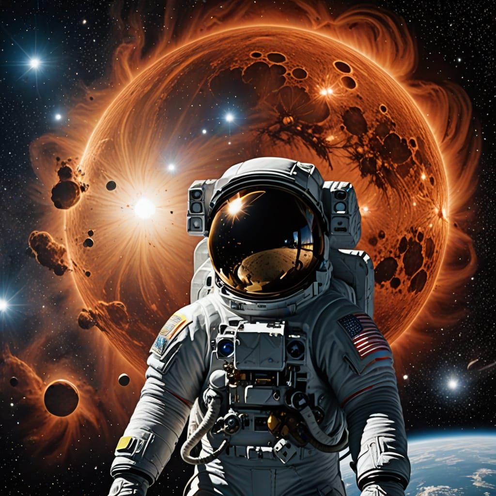 Astronaut in Lunar Orbit with Nebula Background
