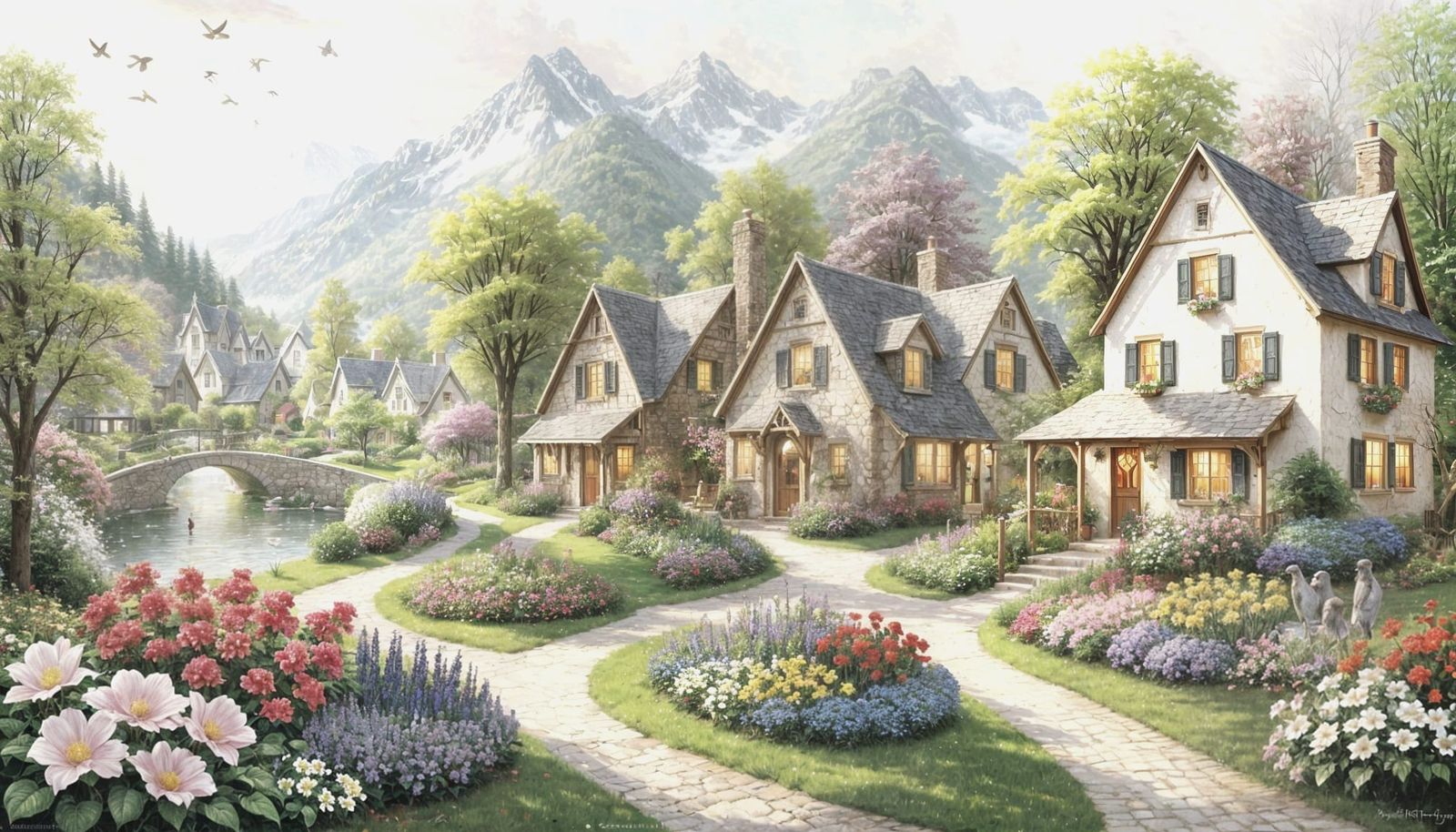 Idyllic Spring Village in Whimsical Art Style