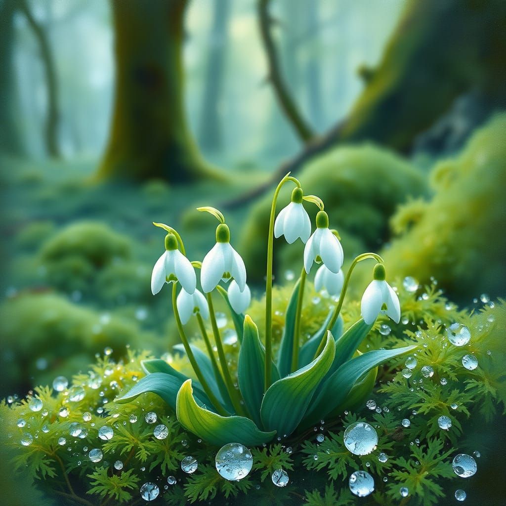 Dreamy Snowdrop Blooms in Vibrant Forest Landscape