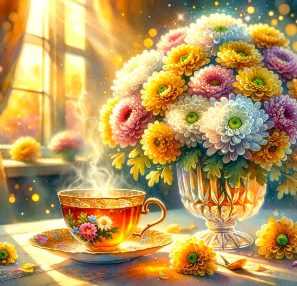 Chrysanthemum Tea Watercolor Painting with Sunlight