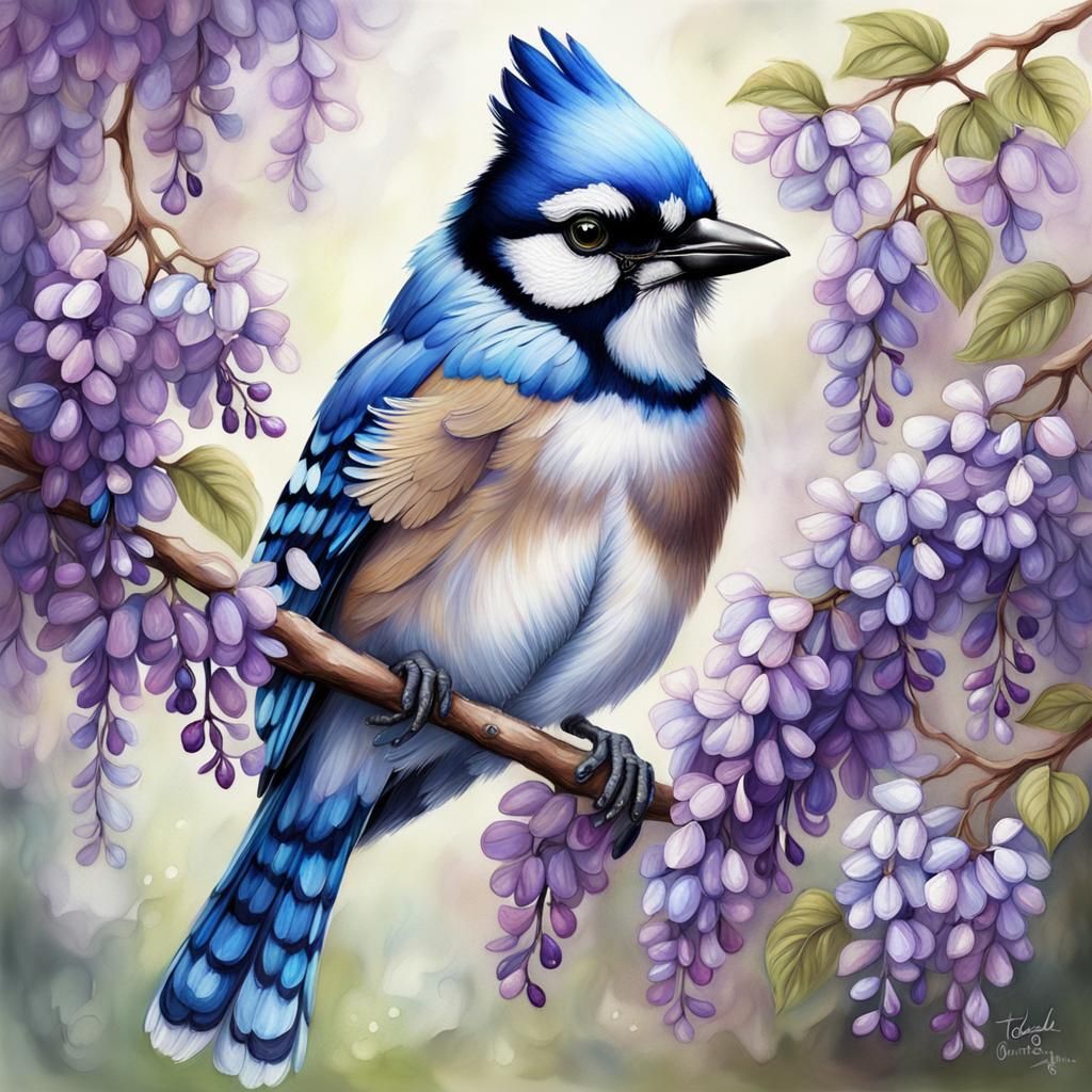 Prismatic Bluejay in Spring Wisteria