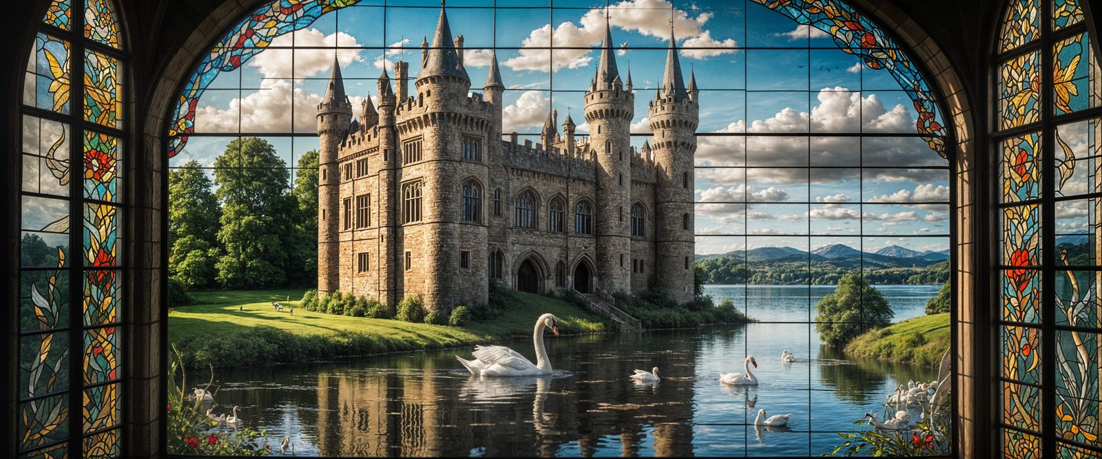 Stained Glass Castle Window with Emerging Swan in Realistic...