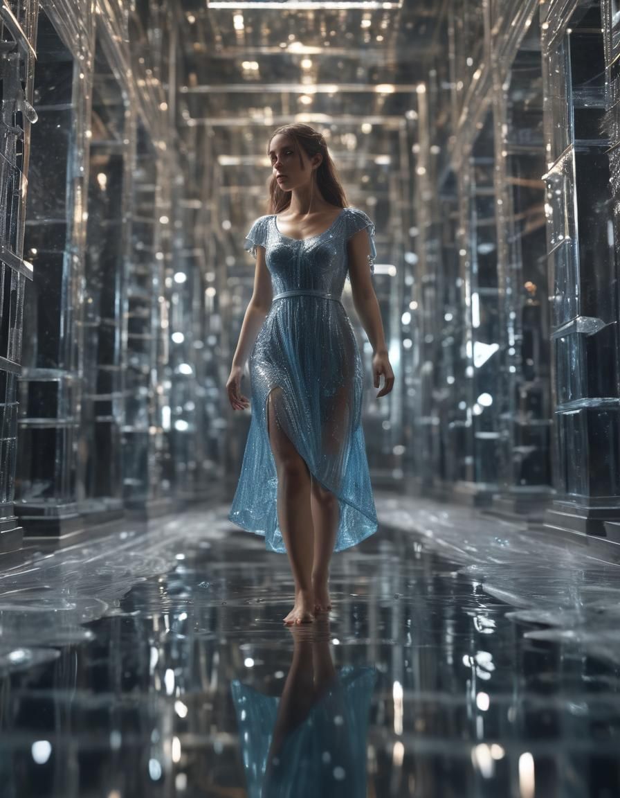 Water Woman in Mirror Maze: Hyperrealistic Sculpture