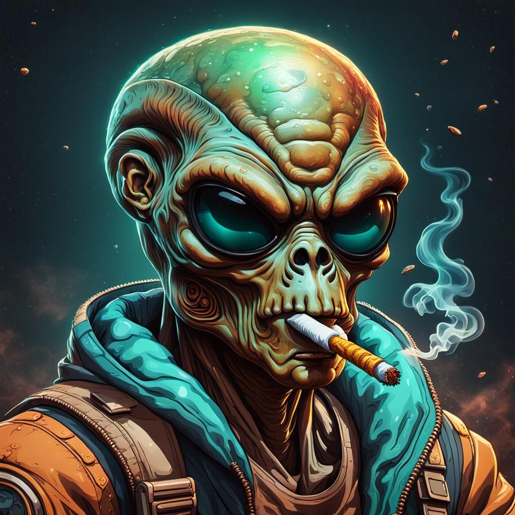 Alien Smoking in Galaxy: Detailed Matte Painting