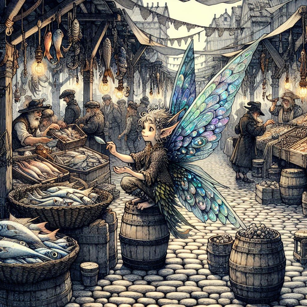 Fantasy Fish Market Theft in Ink and Watercolor