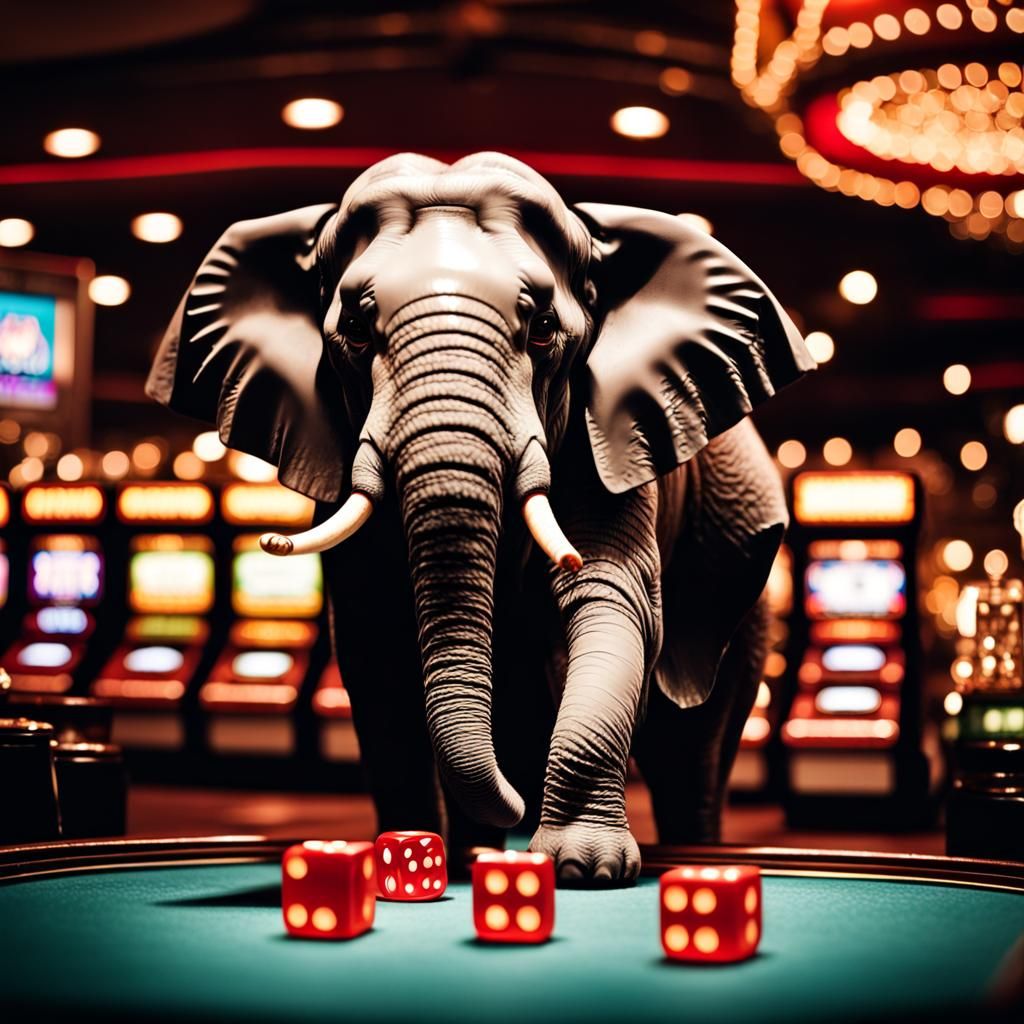 Giant Tuxedo Elephant Gambling in Casino: Hyperrealistic Pho...